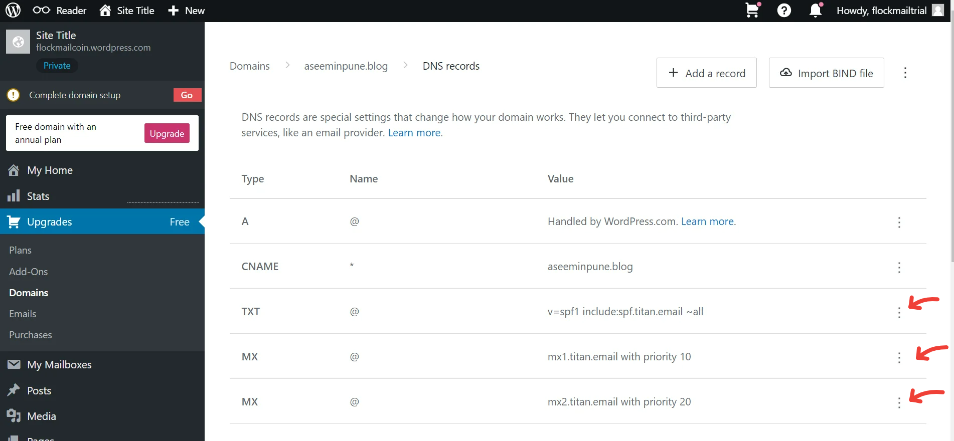 Setup Titan MX and TXT records for WordPress.com – Titan Mail