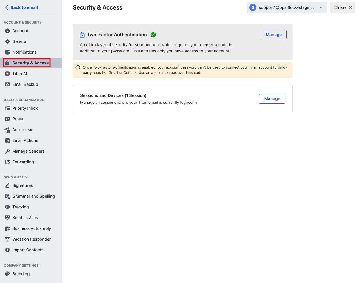 Highlight of the Security & Access section in Titan webmail