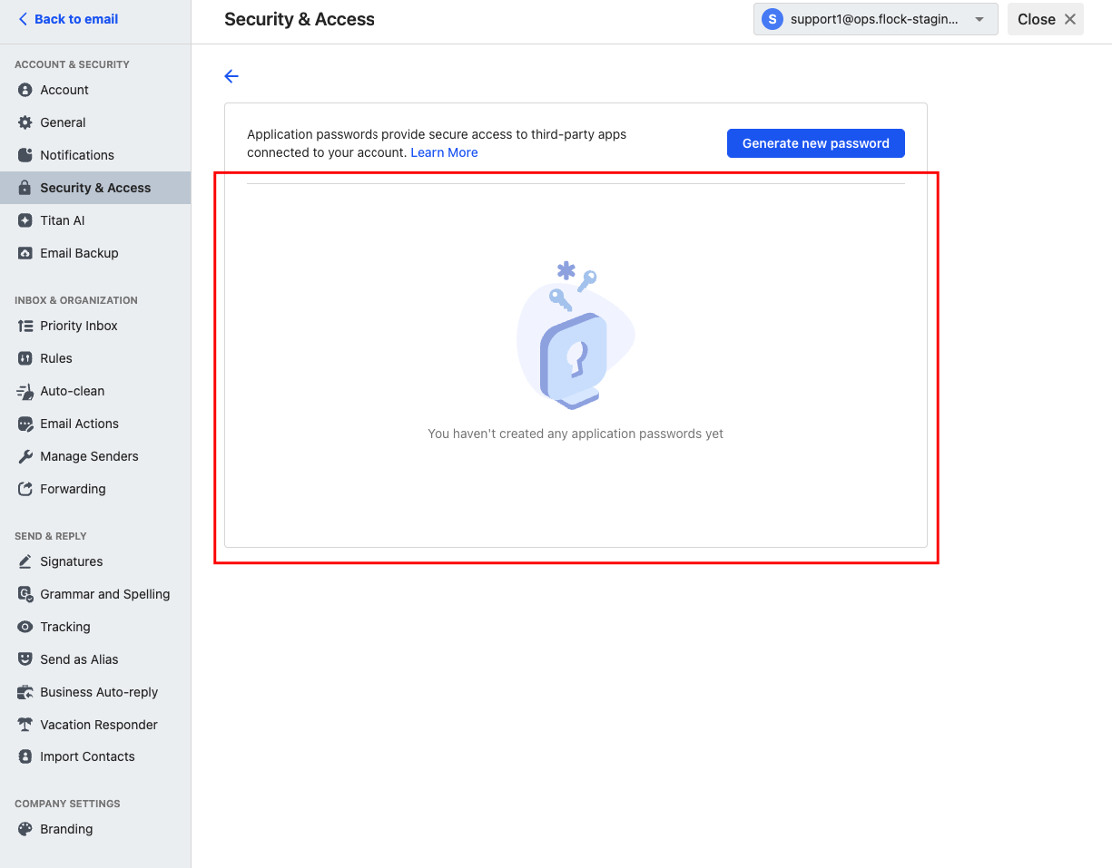 Page clearly highlighting the Generate App Password section, with no App Passwords created.
