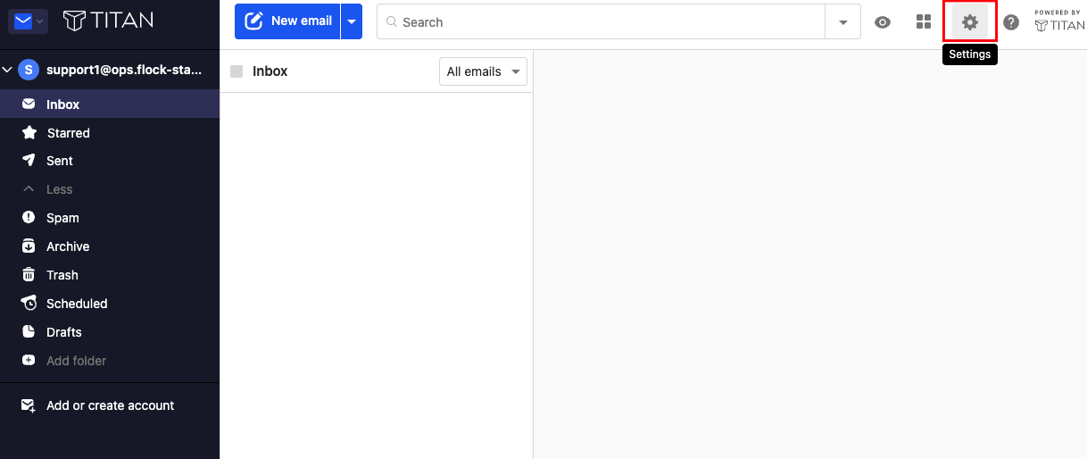 Highlight of the Settings button in Titan webmail