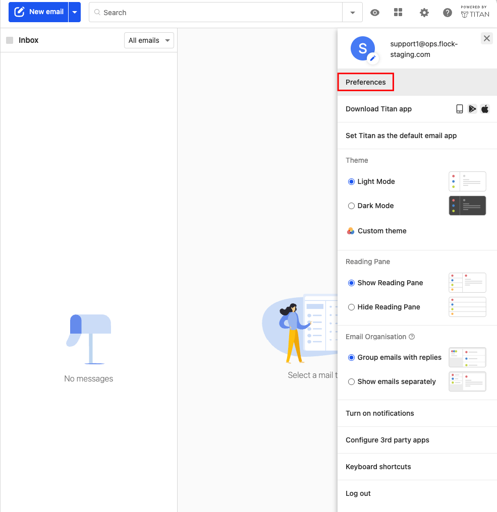 Highlight of the Preferences button in Titan webmail