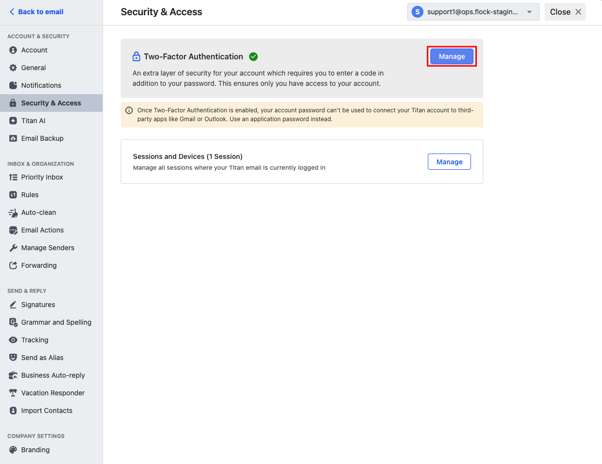 Highlight of the Manage button under the Two-Factor Authentication section in Titan webmail