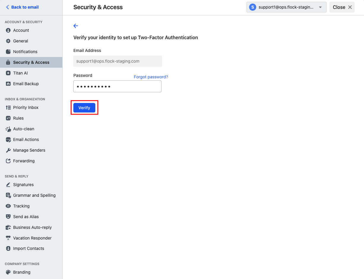 Verification screen asking for Titan email password