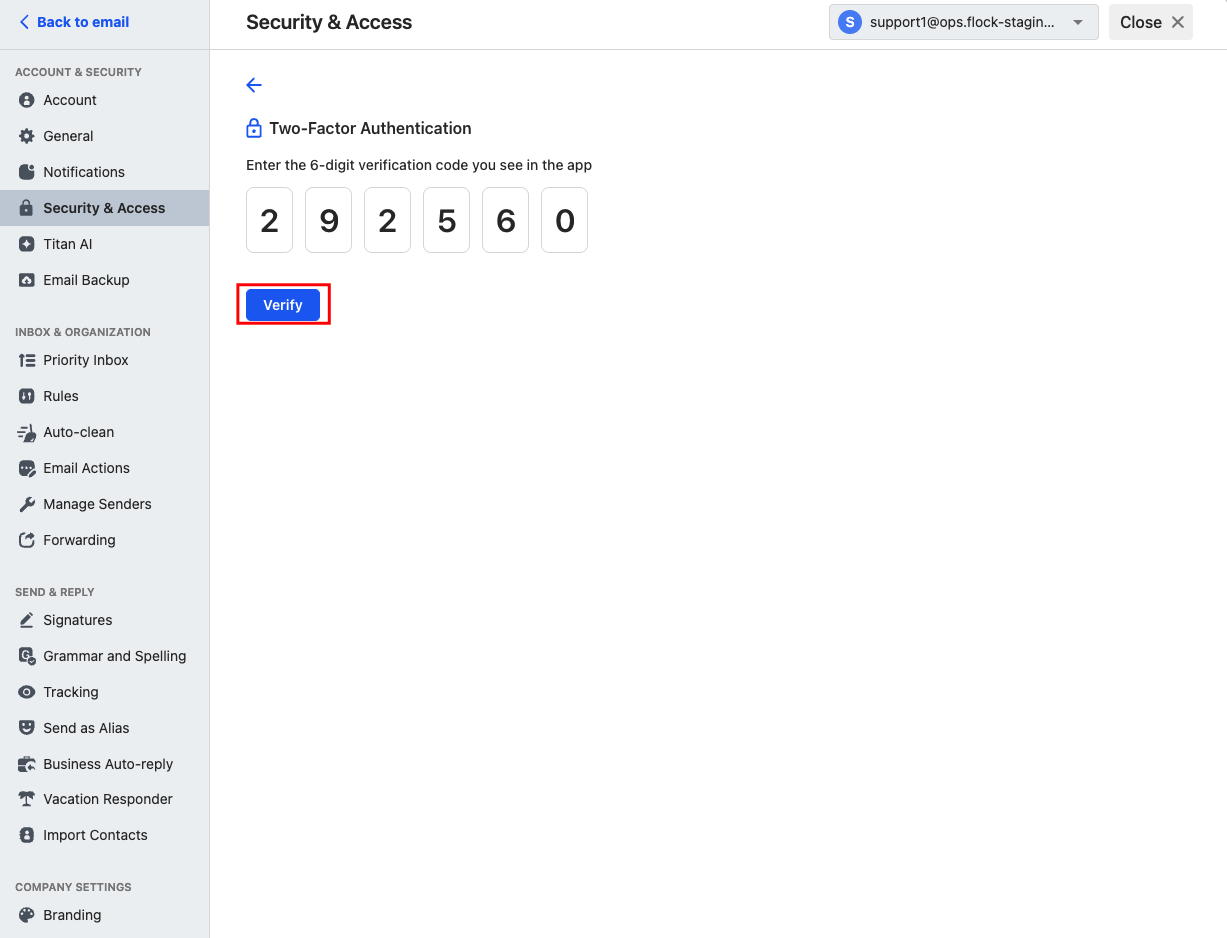 Verification page asking for Two-Factor Authentication code.