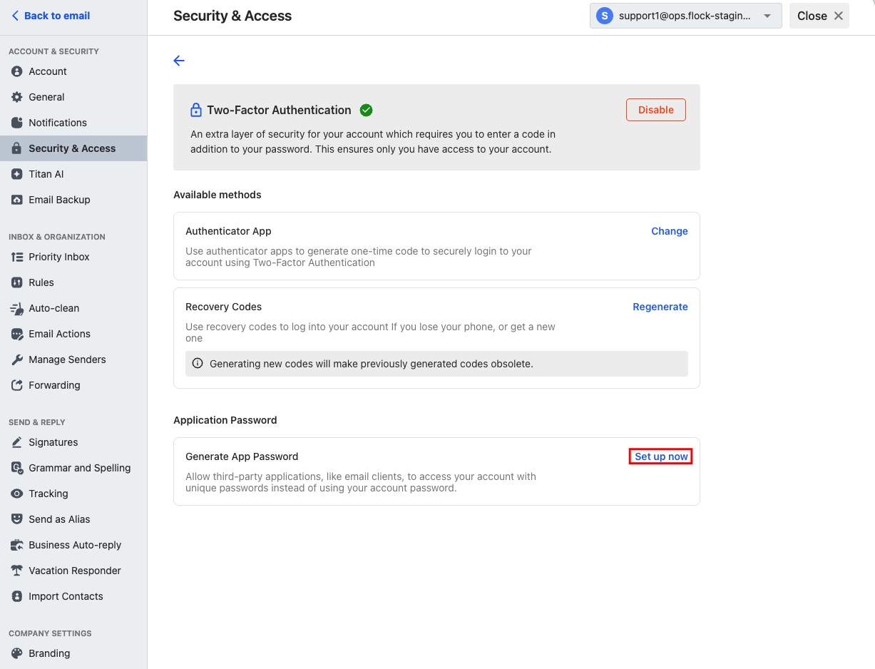 Showing Generate App Password section in Titan webmail