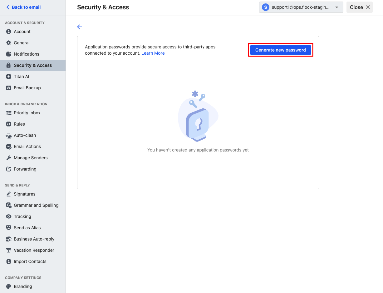 Showing Generate new password section under Generate App password in Titan webmail