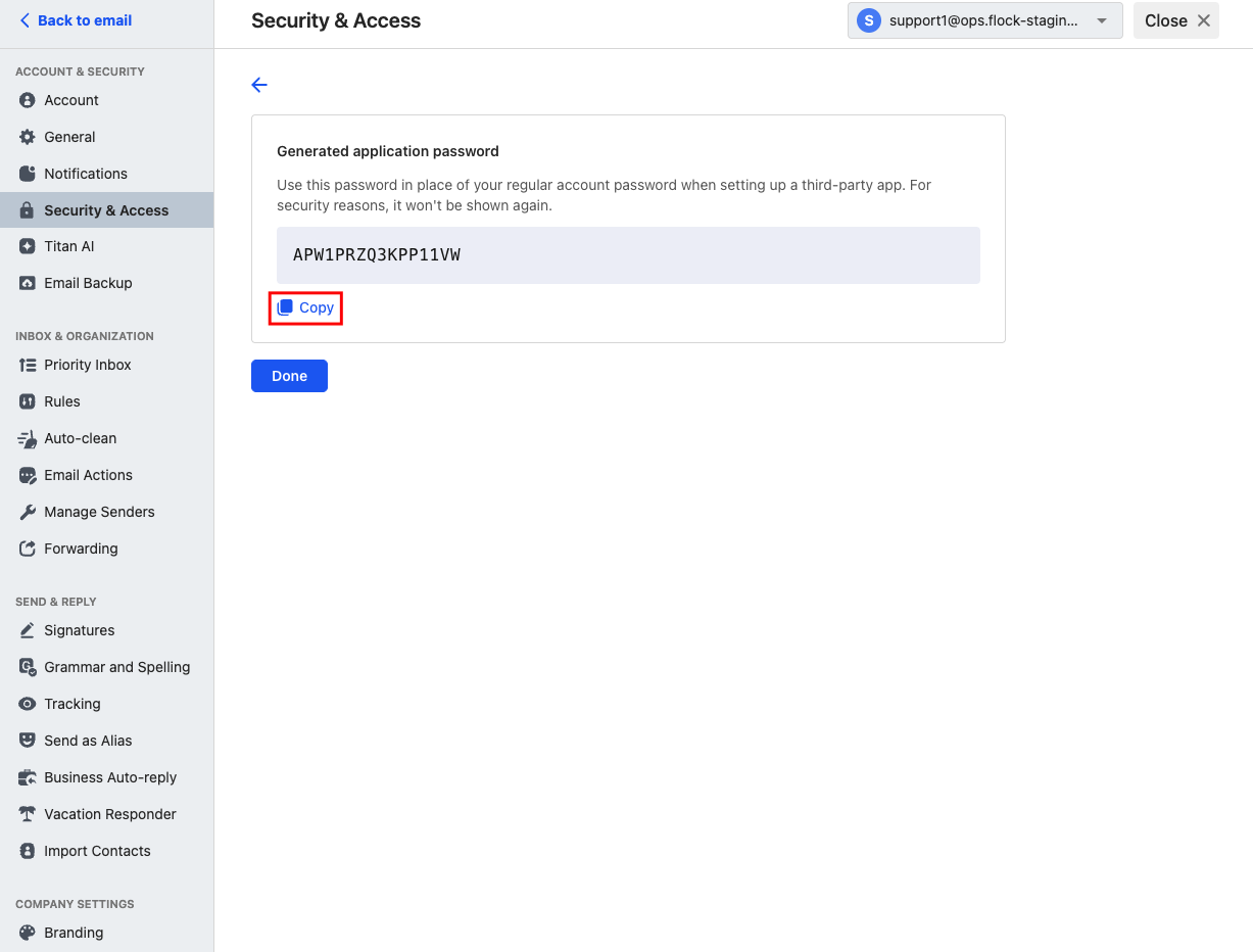 Page with the generated application password, ready to be copied.