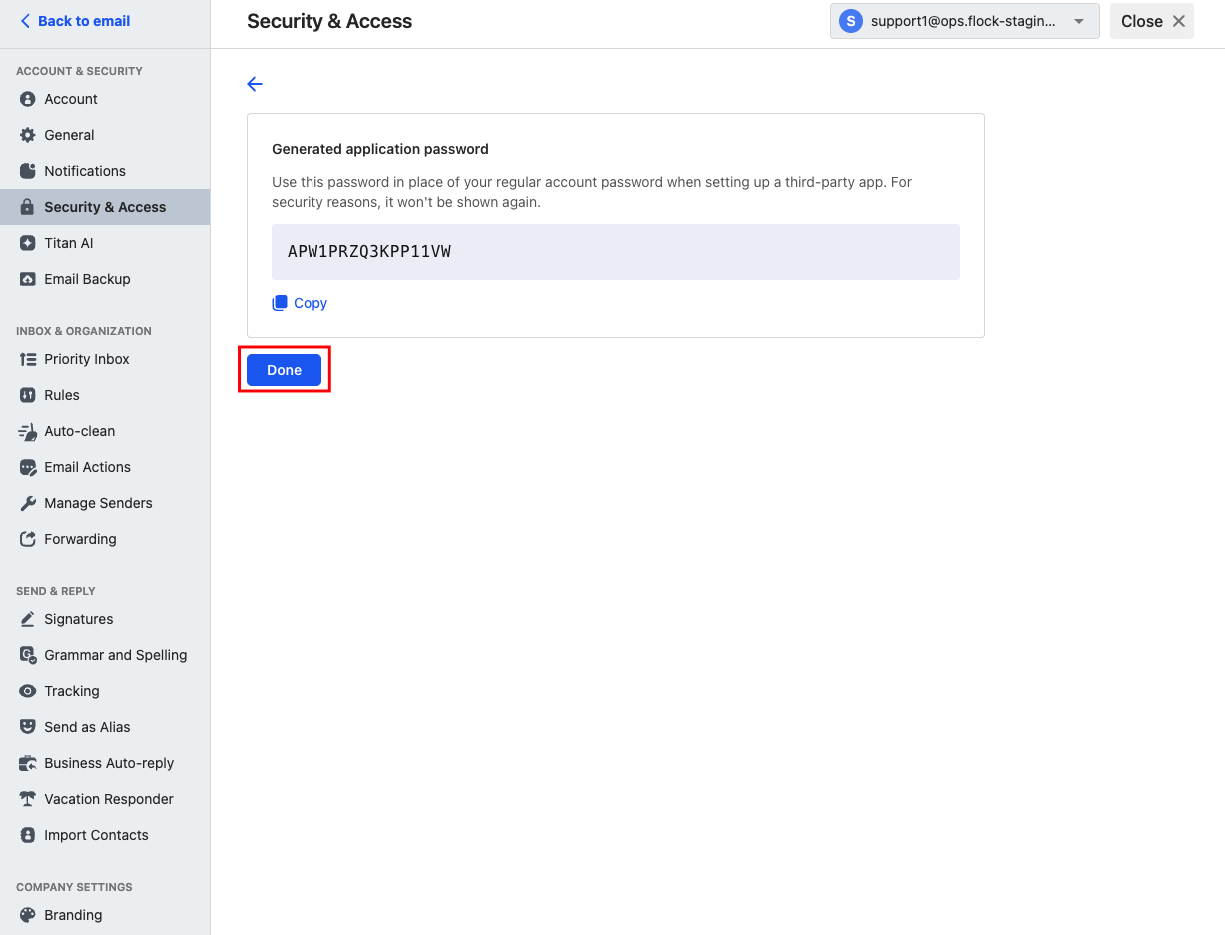Highlight of the Done button after the Application password has been generated.
