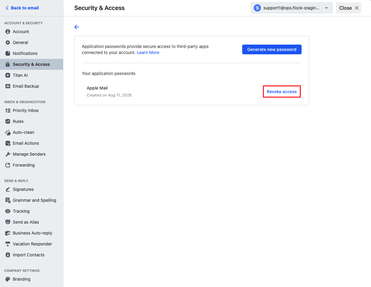 Button with Revoke access text highlighted in the Generate App Password page