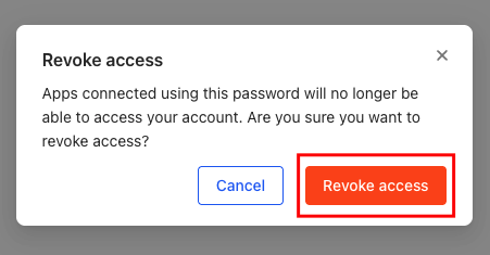 Confirmation dialog asking for permission to proceed with revoking the application password.