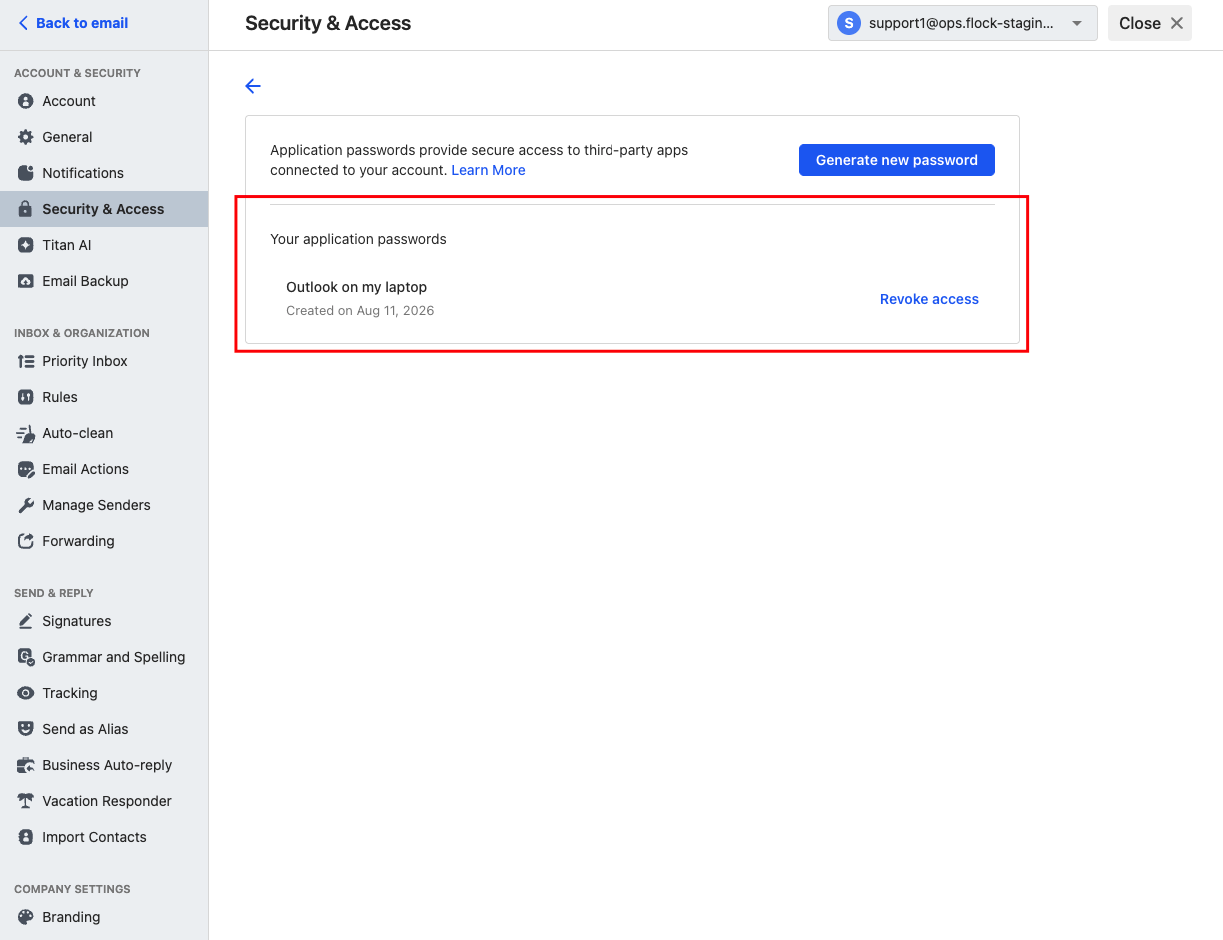 Created application password "Outlook on my laptop" highlighted.